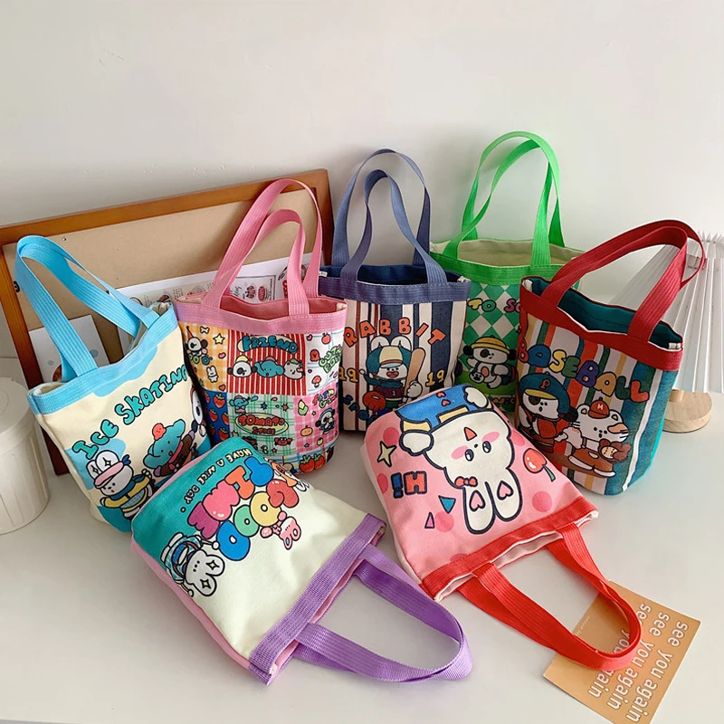 Bolsa de balde de lona casual para mulheres, desenhos animados, lancheira, bolsas escolares