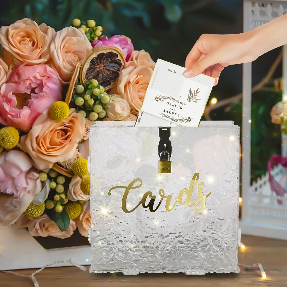 5pcs Acrylic Wedding Card Box with Light Strings, Wedding Ceremony Collection Envelope Money EGift And Blessing Messages