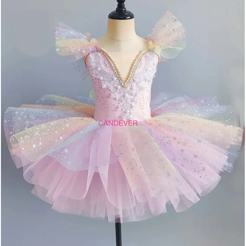 Fato de bailarina princesa para meninas, vestido de lantejoula, roupa de ginástica, collant, Travessa, panqueca tutu, dança