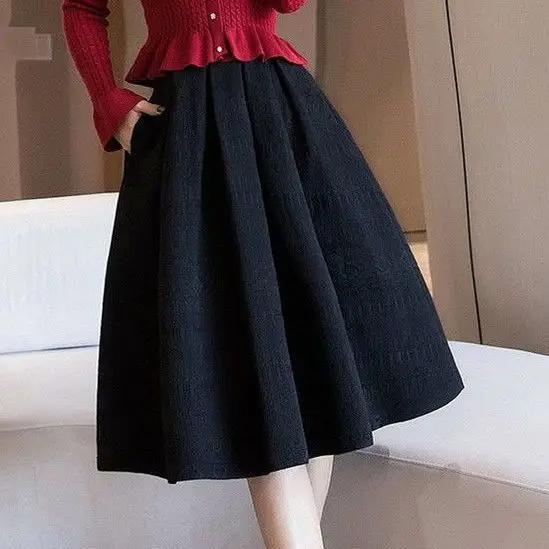 

Women 2024 Spring Autumn New Elegant Solid Color Female High Waist Long Midi Skirt Female Loose Casual Pleated Skirts Q933