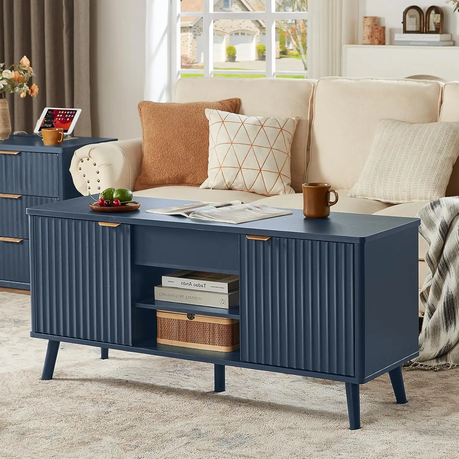 

48-дюймовый рифленый журнальный столик с подъемным верхом со скрытым хранилищем и регулируемыми полками, подъемная столешница, большие прямоугольные журнальные столики, средний размер