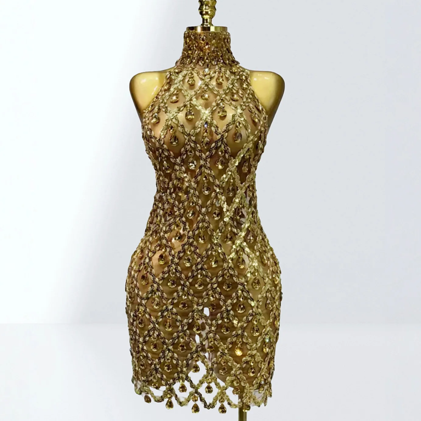 

Women's Super Sequin Water-drop Rhinestone Sheer Mesh Dress Fashion Gorgeous Party Dinner Evening Stage Performance Gown Vestito