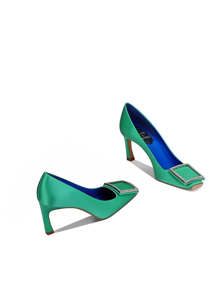

Spring square toe shallow silk rhinestone buckle low-heeled single shoes banquet dress small size thin high-heeled women's shoes