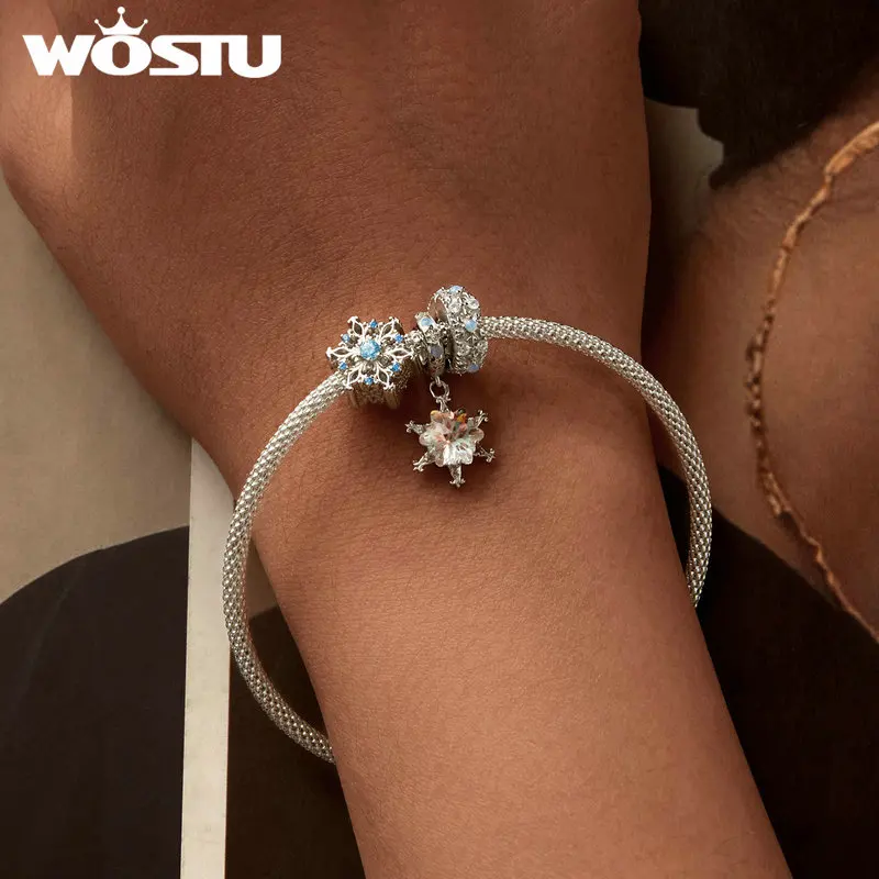 WOSTU 925 Sterling Silver Snowflake Charm Blue Zirconia Beads Opal Ice Flower Pendant Fit Original Bracelet DIY Winter Jewelry