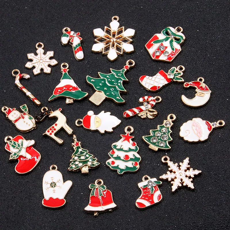 10PCS 24 Style Christmas Charm Snowflake Tree Bells Drip Oil Pendant For Necklace Bracelet Jewelry Accessories Necklace Findings