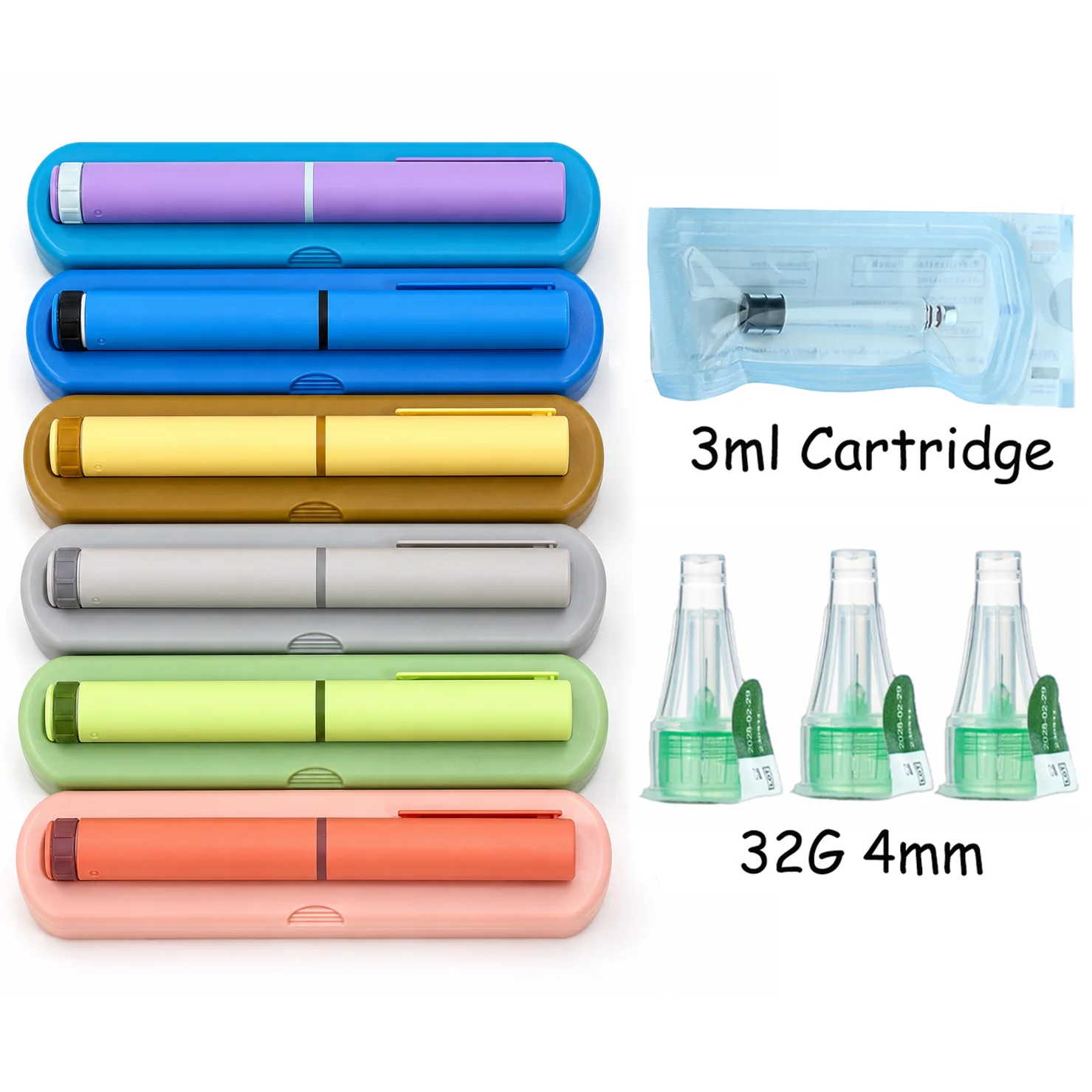 1 Set, 3ml Plastic Colorful Reusable Insulin Injection Pen Set With 32G 4MM Needle 3ml Cartridge 60U Peptide Pen Portable Case