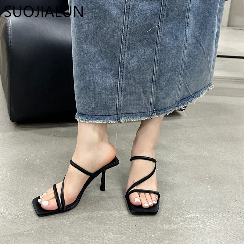 SUOJIALUN 2024 Summer New Brand Women Slipper Fashion Narrow Band Ladies Elegant Sandal Shoes Thin High Heel Dress Slides Pumps