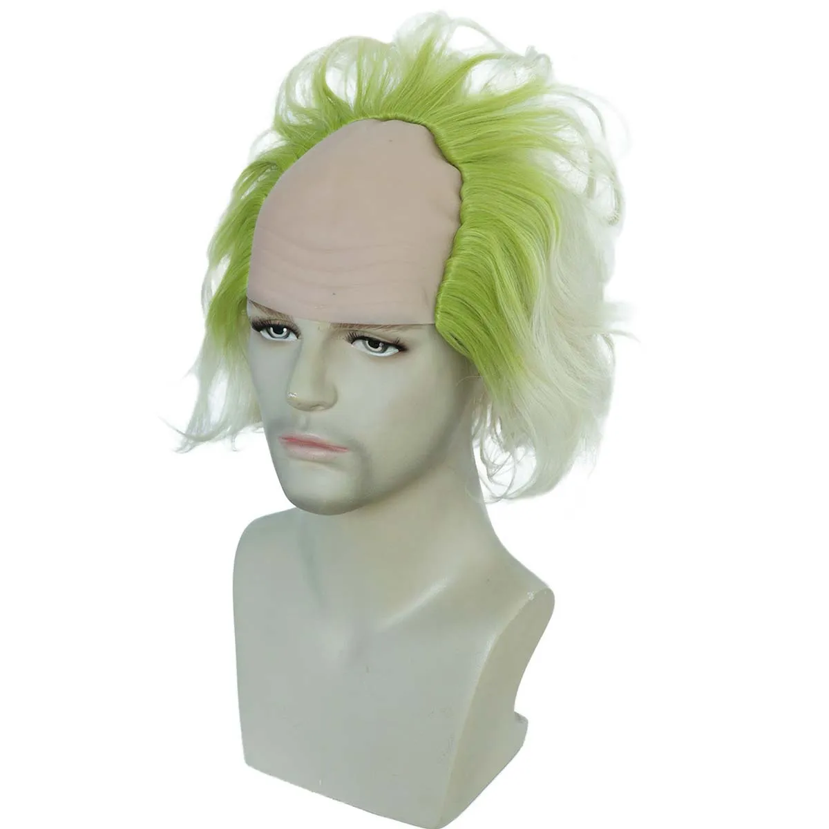 Halloween Man Receding Hairline Clown Rubber Top Green Wavy Half Bald Old Man Adam Cosplay Wig