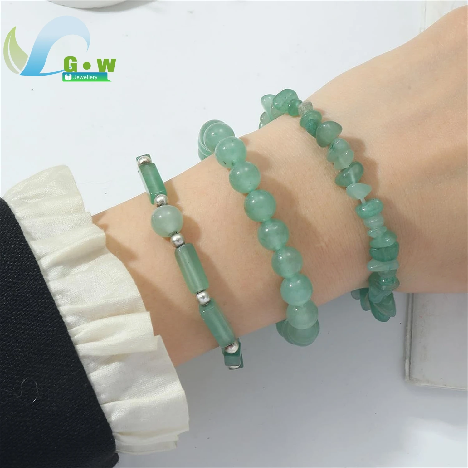 

Natural Green Jade Beaded Bracelet Set 3 Piece for Women Round Gemstone Beads Adjustable Stretch Handmade Jewelry Gift for Her