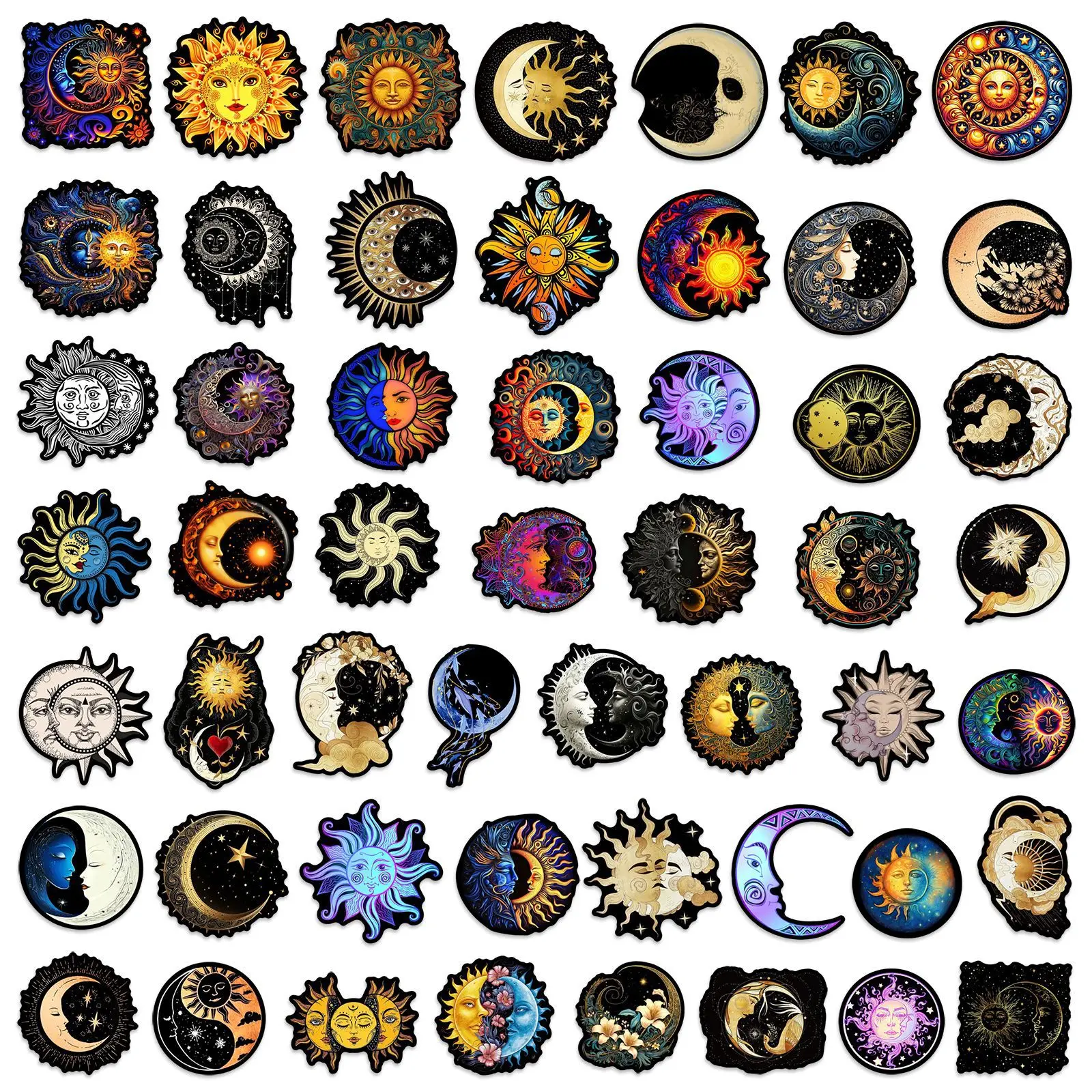 50Pcs Art Moon and Sun Stickers Moon DIY Stickers Scrapbooking Phone Luggage Skateboard Waterproof Decals