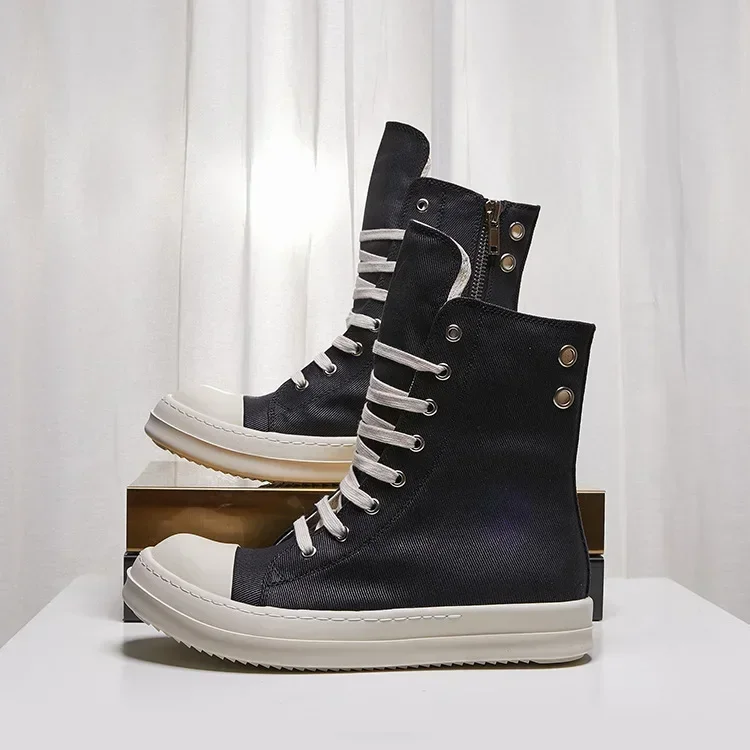 

2025ss New Men Shoe Casual High Top Sneaker Quality Black Ankle Boot Fashion Zip Metal Ow Platform Canvas Flat Street Shoe