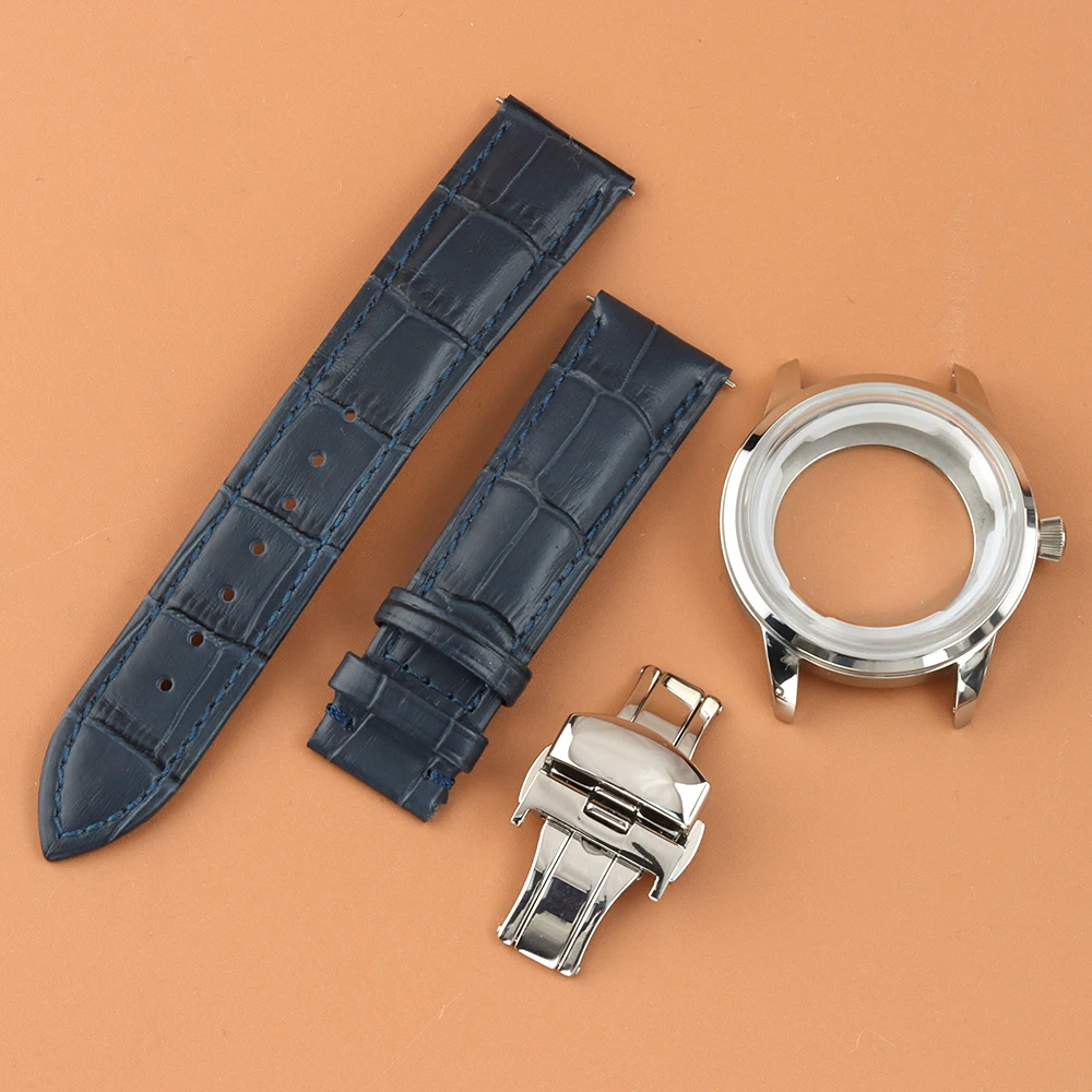 Arched Glass 40mm Silver Case Leather Strap 10ATM Waterproof For NH35 NH36 NH38 Movement Cocktail Case Mods Replacement Parts