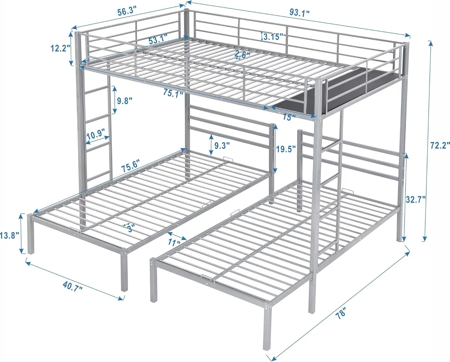 Metal Triple Bunk Bed For 3, Full Over Twin & Twin Size Bunk Bed With Built-In Shelf And Ladders For Kids Boys Girls, 3 In 1