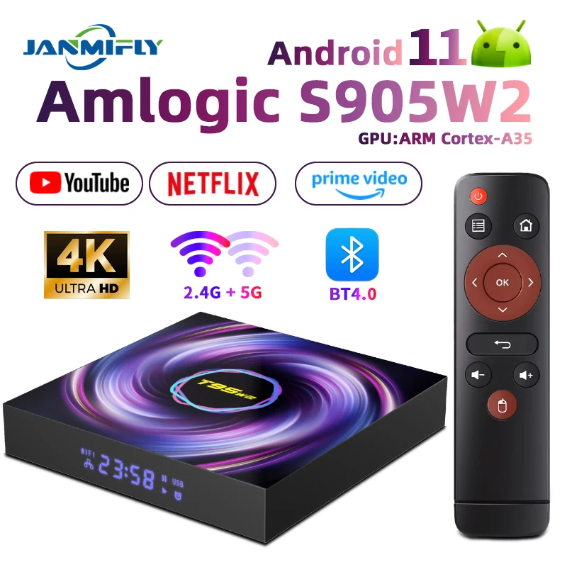 2024 Amlogic Android11 T95W2 Smart Home Theater TV Box Bluetooth 4.0 2.4GHZ&5GHZ Wifi HDR 4K Media Player Set Top Box