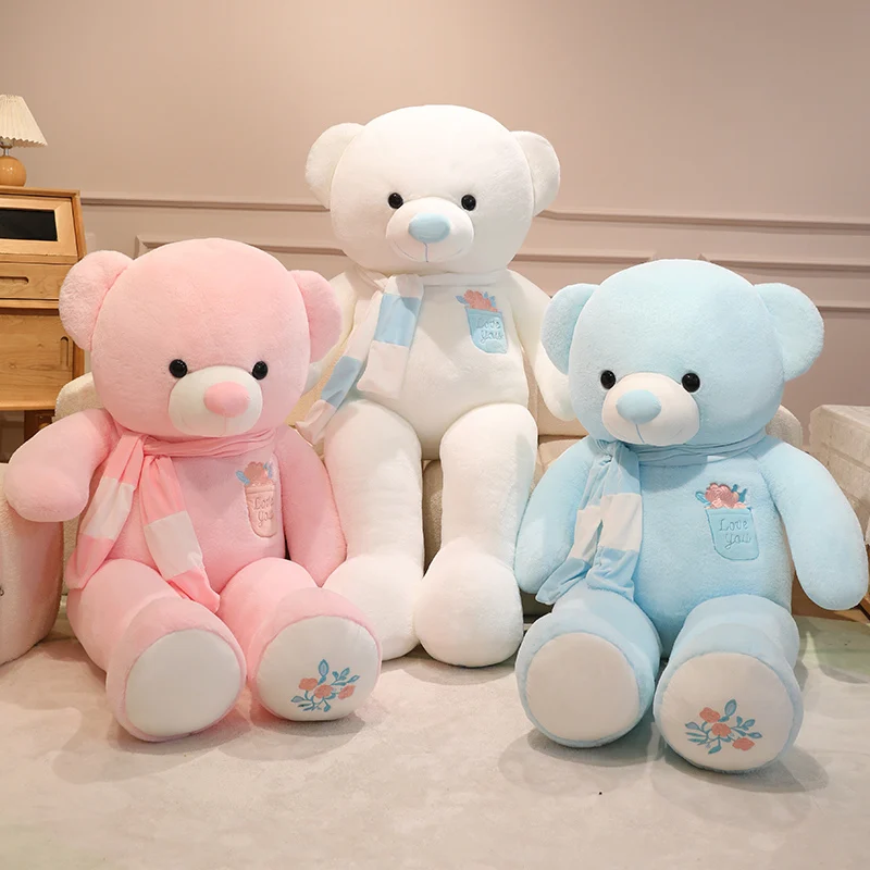 

Гигантский мягкий плюшевый медведь-роза с белым, розовым и синим шарфом, очень большая подушка-обнимашка, игрушка-животное, подарок на день рождения для детей