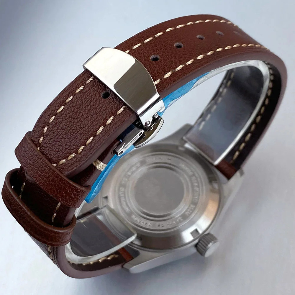 تخصيص الطيار التيتانيوم حالة 36 مللي متر المجال NH34 ساعة أوتوماتيكية الرجال 20ATM الياقوت الزجاج تاريخ نافذة المسمار تاج حزام من الجلد