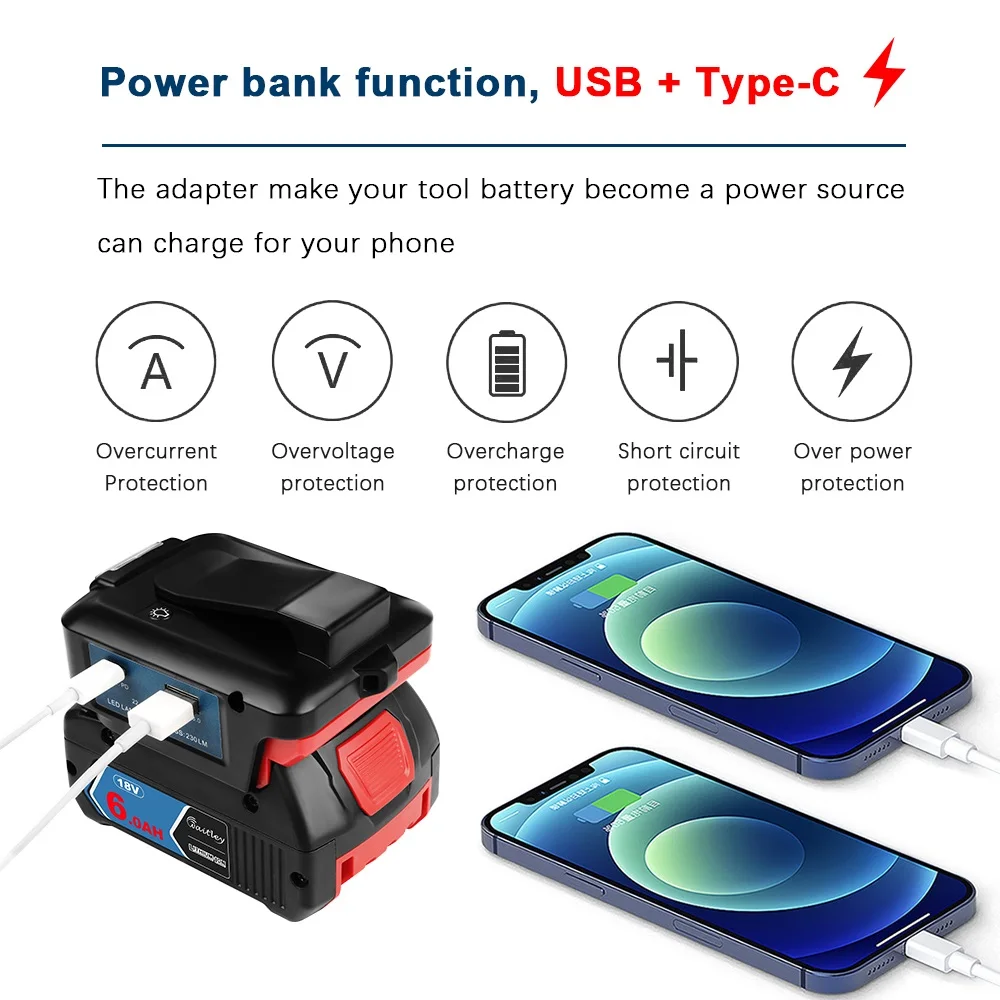 Flashlight Adapter for BOSCH 18V Battery with LED light lamp USB Type-C output Power bank extension kit External accessories