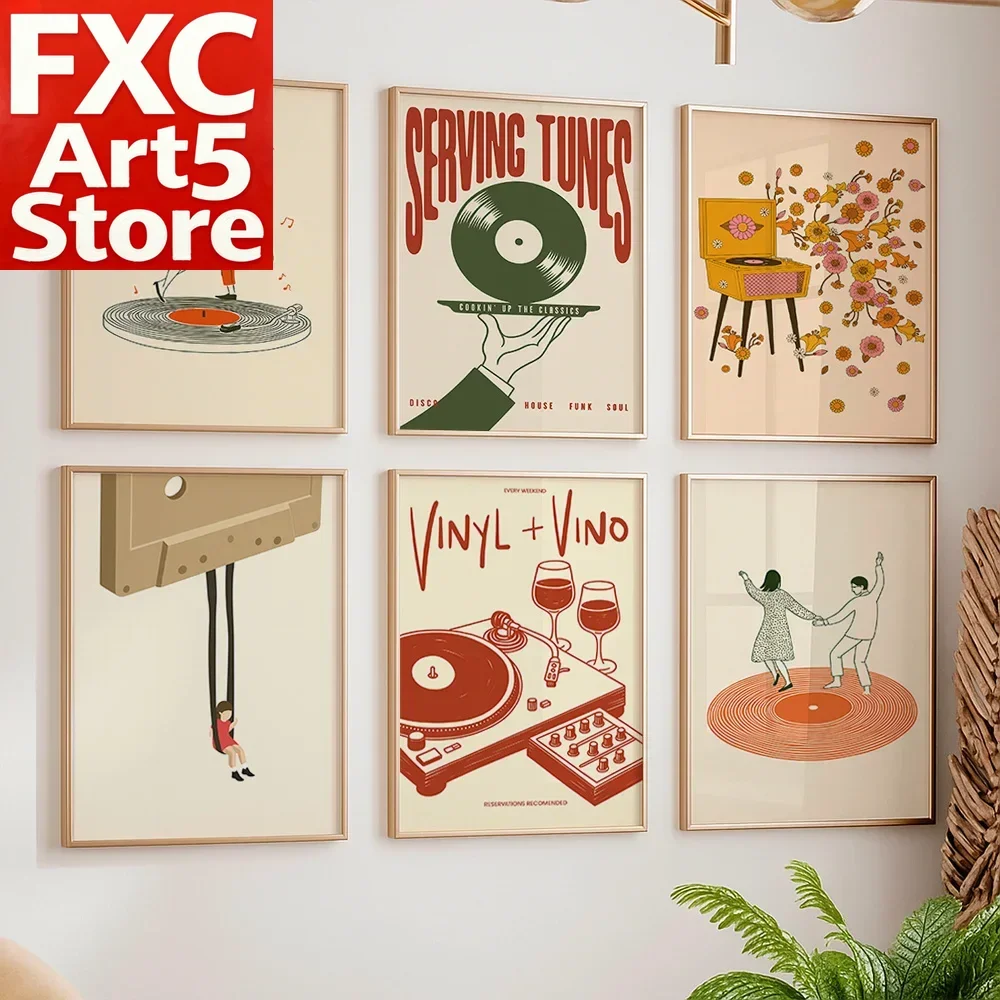 1PC Frameless 1pc Vintage Music Canvas Poster Unframed Retro Turntable Cassette Floral Art Print Wall Decor for Living Room Bedr
