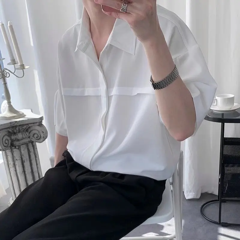 

Men's ort Sve irt Summer Thin Loose Trendy Drapel Middler Sve White Casual Faionable Youthful arp Collar