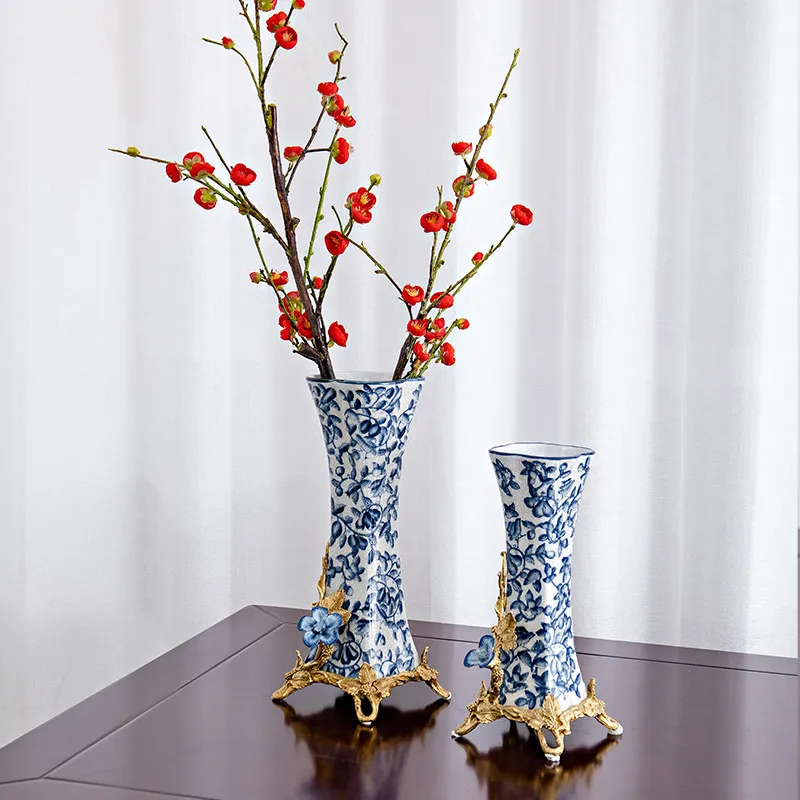 Blue and White Ceramic Inlaid Brass Vase, New Chinese Furniture, Living Room Vase