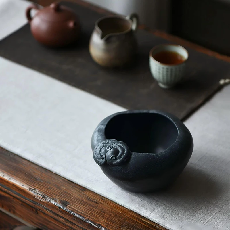 Schwarzer Goldener Steintopf Handgefertigtes Natürliches Basalt-Steinbecken Zen Heim-Garten-Dekor Geschenk für Teeliebhaber Teeraum Tee-Waschbecken 600ml – Detail 11