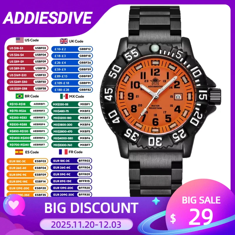 addiesdive-ファッションダイビングメンズ腕時計オレンジダイヤルスチールストラップクォーツ時計合金ケースチューブ発光-50-メートル防水腕時計