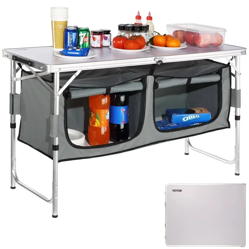 

Outdoor folding portable picnic table camping aluminum alloy kitchen adjustable height table with partition storage box