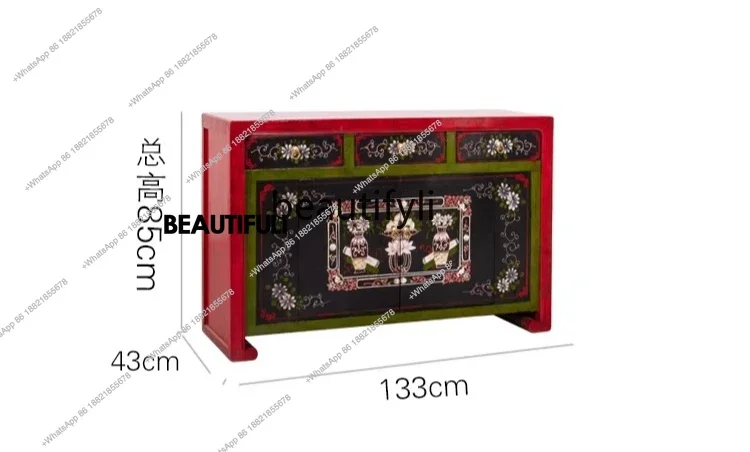 ss8350 Chinese elm furniture painted dining side cabinet solid wood entrance, Chinese retro locker antique code