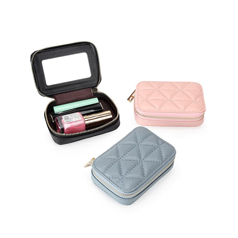 

Women's Mini Makeup Bag Luxury Genuine Leather Zipper Lipstick Cosmetic Bag Travel Portable Lipsticks Storage Pouch with Mirror