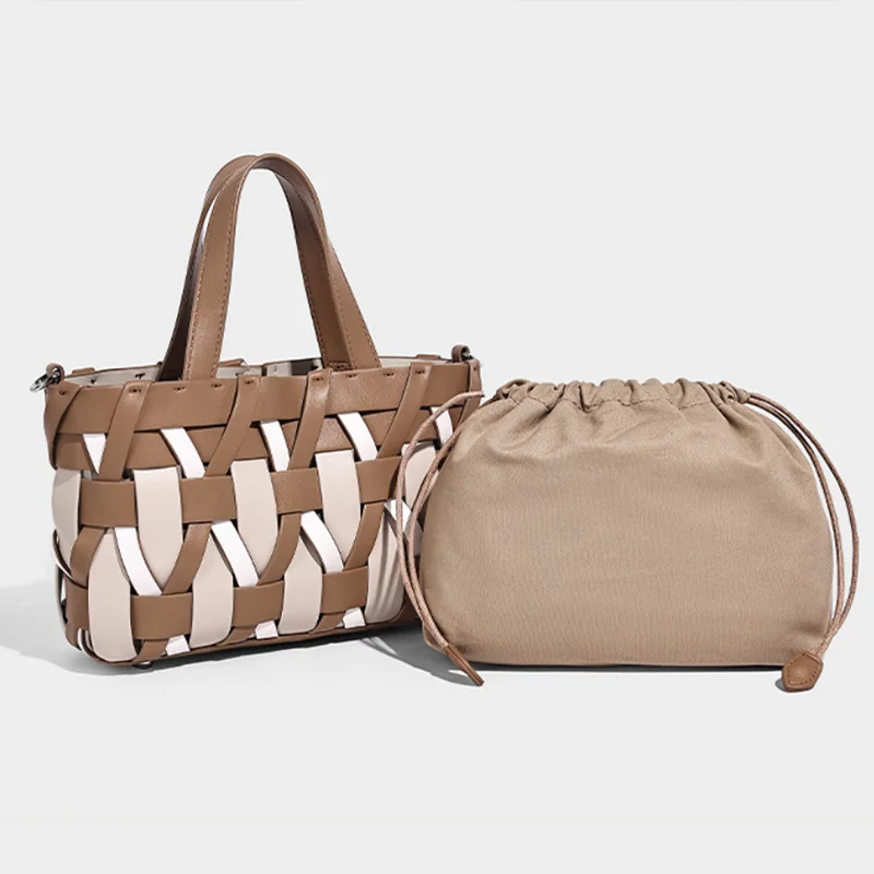 

Pu Woven Color-blocked Handbag Trendy Niche 2in1 Basket Bag High-end Minimalist Casual Shoulder Bag Commuter Crossbody Bag