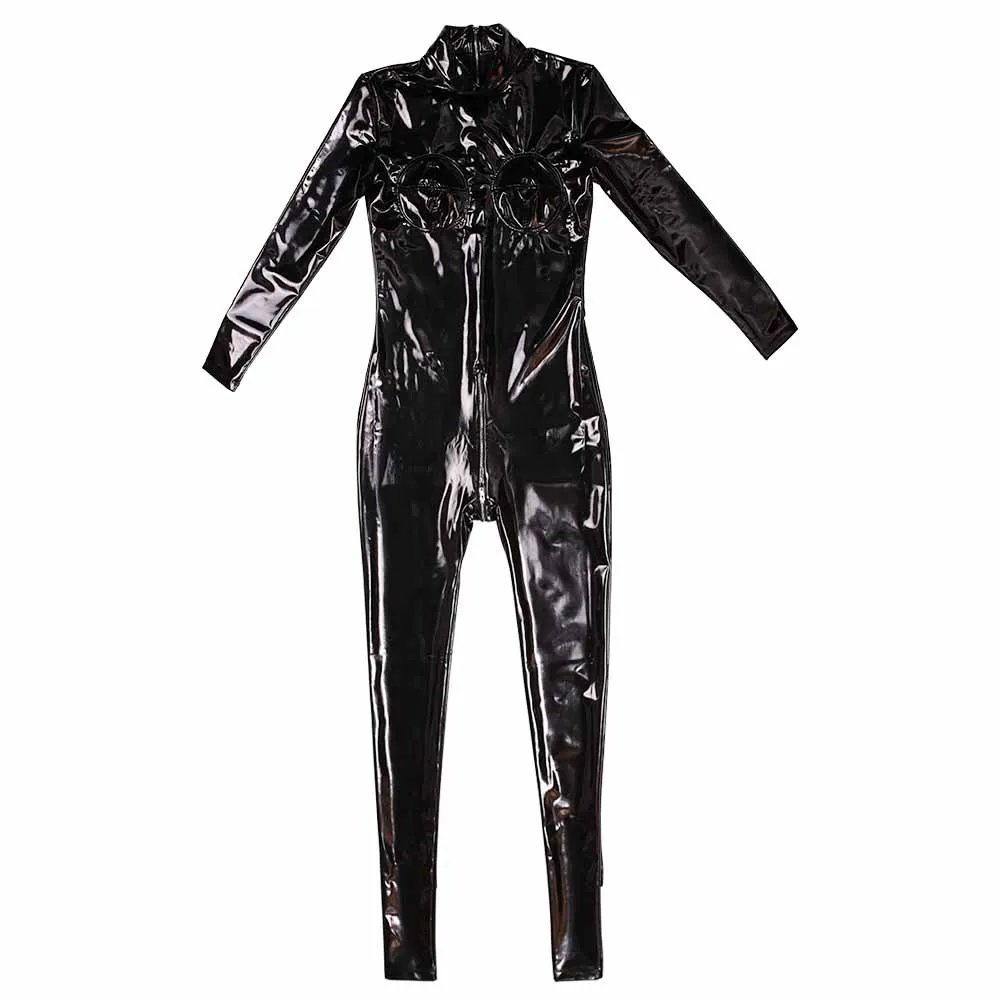 Kobiety Stereo-Spliced Chest Jumpsuit PVC Faux Leather Bodysuit Cosplay Front Crotch To Hip Zipper Open Leotard Zentai Shapewear