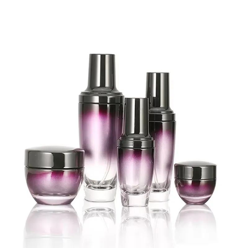 5pcs Refillable Glass Bottles Cream Lotion Cosmetic Jar Container Travel Kits Empty Purple bottle with Spray cap or Pump Cap