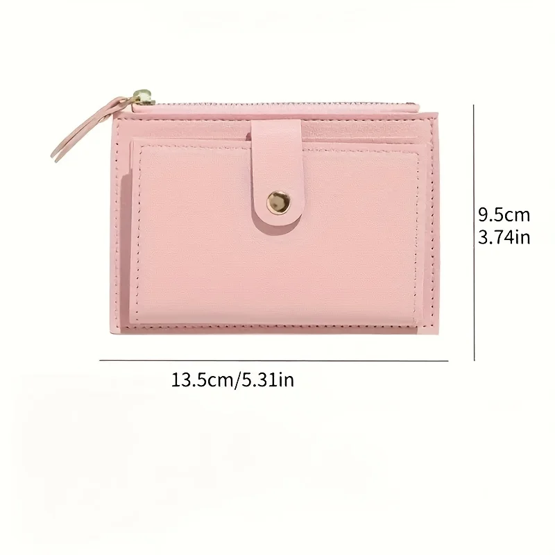 

Solid color women's snap-button zip wallet, lightweight and simple short design, can hold cash, ID, and coins, durable