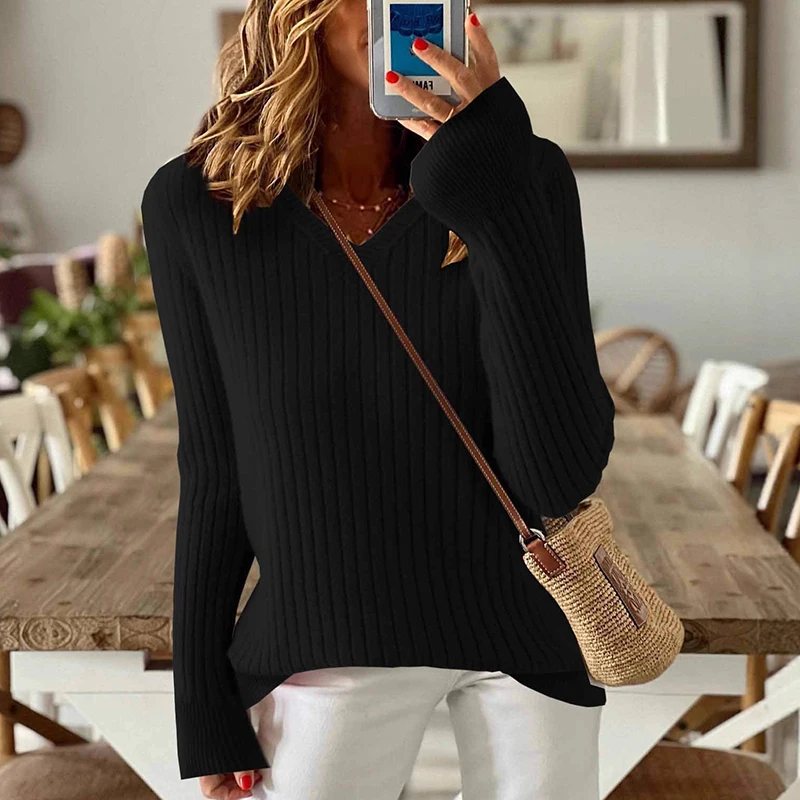 Damski sweter z długim rękawem, dzianinowy pulower z dekoltem w serek, dzianinowy sweter damski, zimowe podstawowe topy, damski sweter