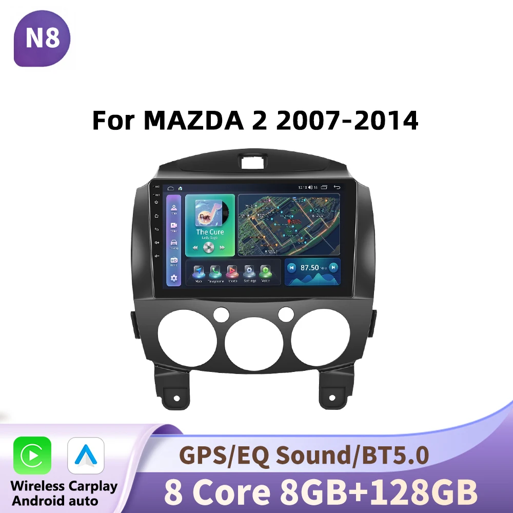 Podofo Android voor MAZDA 2 2007-2014, autoradio multimediaspeler met draadloze CarPlay en Android Auto, 2-din, geen DVD-speler.