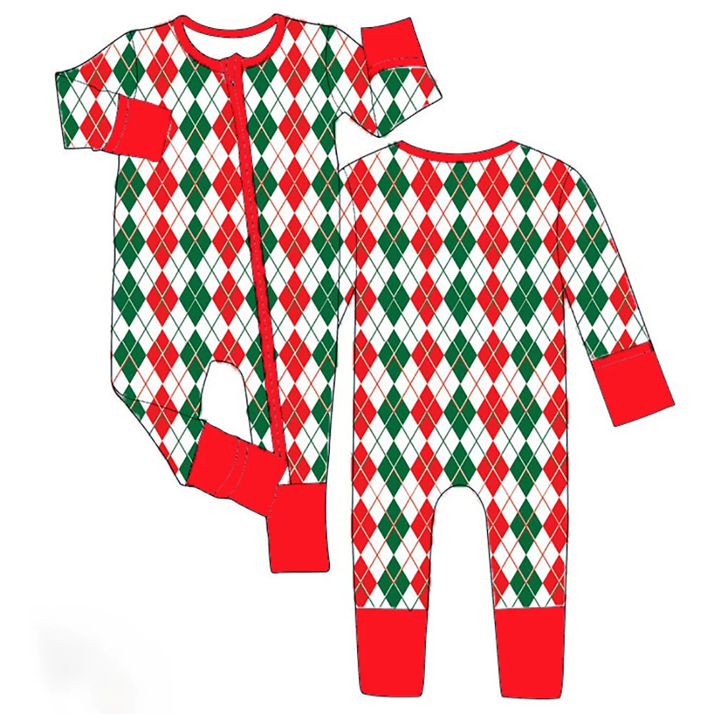 Christmas New Red and Green Plaid Print Zipper Baby Girl Boy Clothes Geometric Long Sleeve Milk Silk Baby Onesies for Newborn