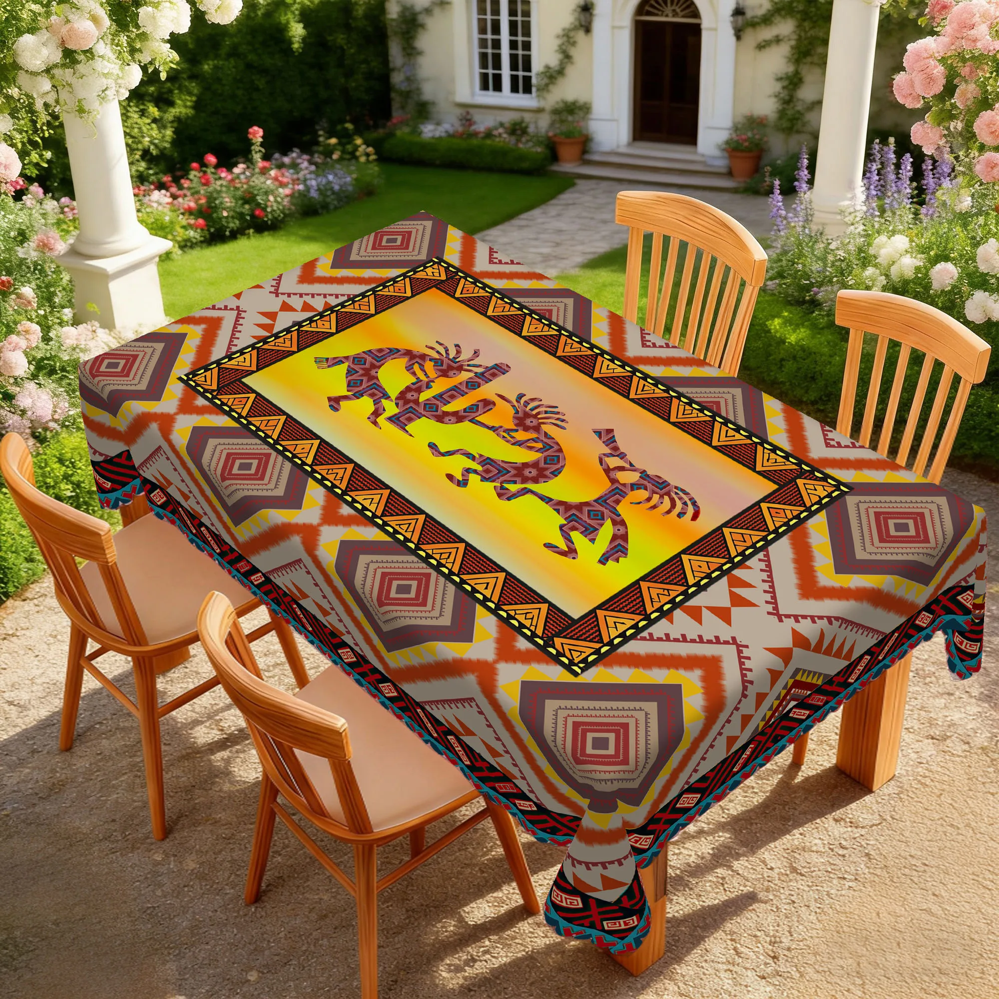 1 Piece of Indian-Style Round and Rectangular Tablecloth, Ethnic-Style Printed Tablecloth with Orange-Yellow Gradient Background and Geometric Totems, Spirit Dance and Elf Motifs, with Embossed Edges, Suitable for Home Dining Rooms, Patio Use, Theme Decoration, Gift-Giving, and Creating a National Cultural Atmosphere