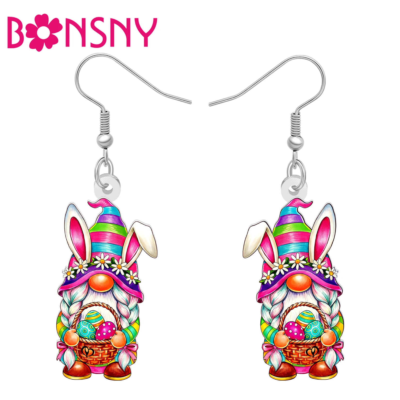 BONSNY Acrylic Easter Gnomes Dangle Earrings Rabbit Ears Floral Basket Eggs Garden Gnome Jewelry Spring Gifts For Women Charms