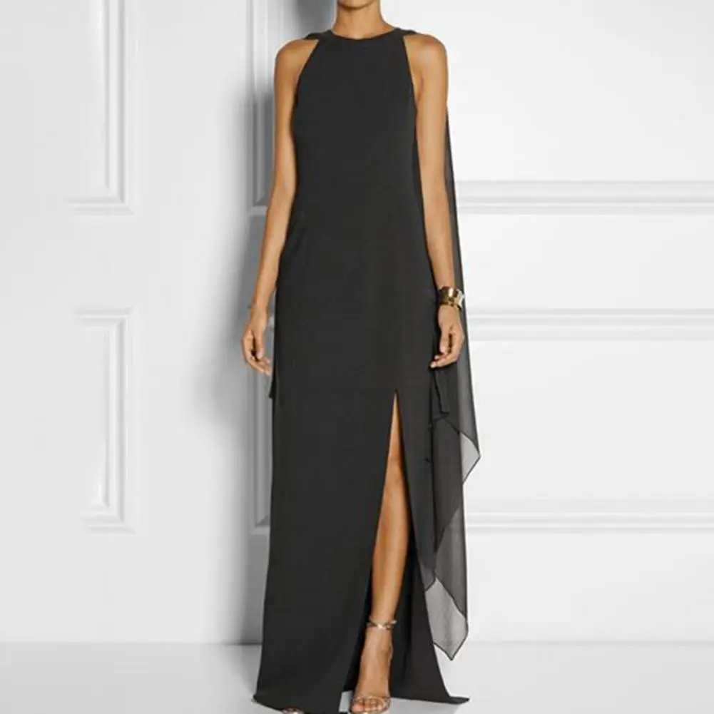 Vestido Maxi Chiffon com decote em O feminino, Camada Dividida Irregular, Design Xale, Ajuste Fino, Vestido de Festa Lateral, Elegante