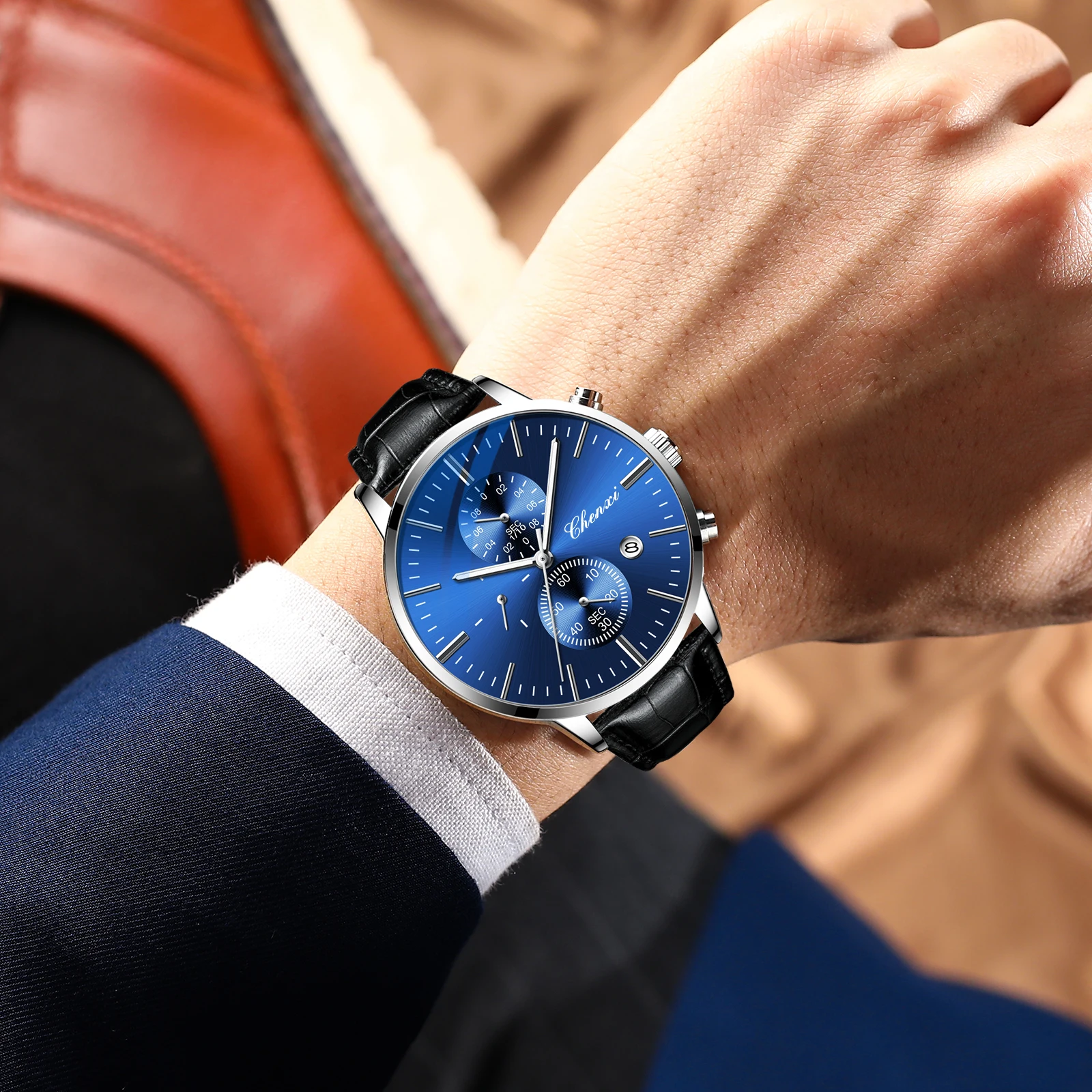 CHENXI 971 relojes de cuarzo a la moda para hombre, elegante correa de cuero, cronógrafo resistente al agua, calendario, reloj de pulsera informal luminoso para hombre