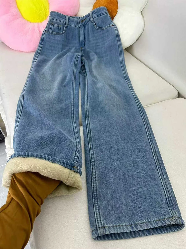 Women's Blue Plush Thicken Denim Pants Winter Oversized High Waist Straight Trousers Lady Fleece Warm Wide Leg Jeans