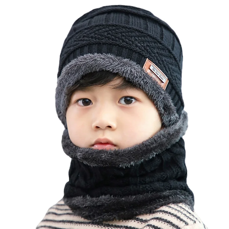 Children 2pcs Hat Scarf Sets Baby Warm Winter Hats Boys Girls Knitted Velvet Linning Beanie Caps Bonnet Ski Balaclava for Kids