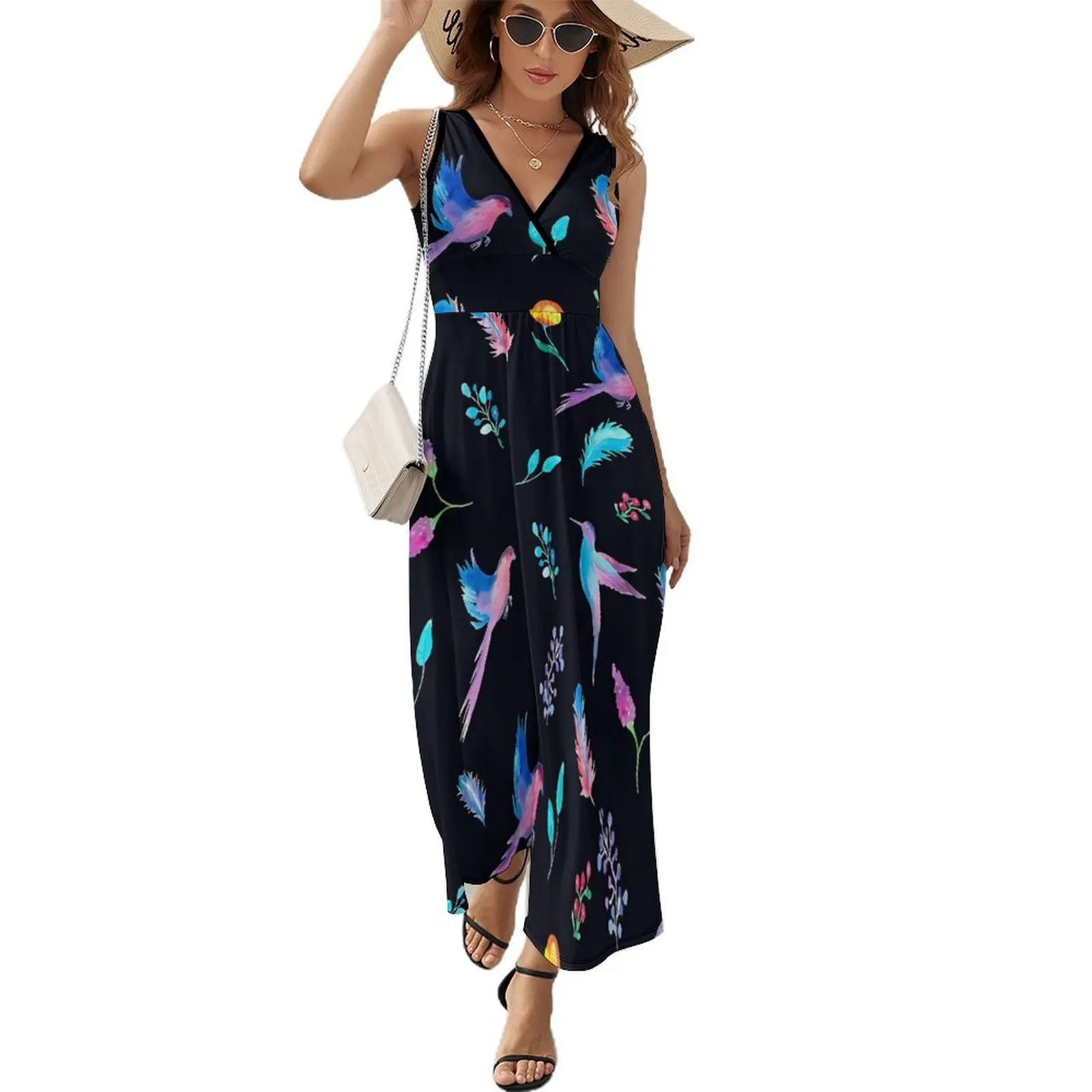 

Kawaii Birds Flower Dress Summer Feather Print Aesthetic Bohemia Long Dresses Female High Waist Custom Vintage Maxi Dress