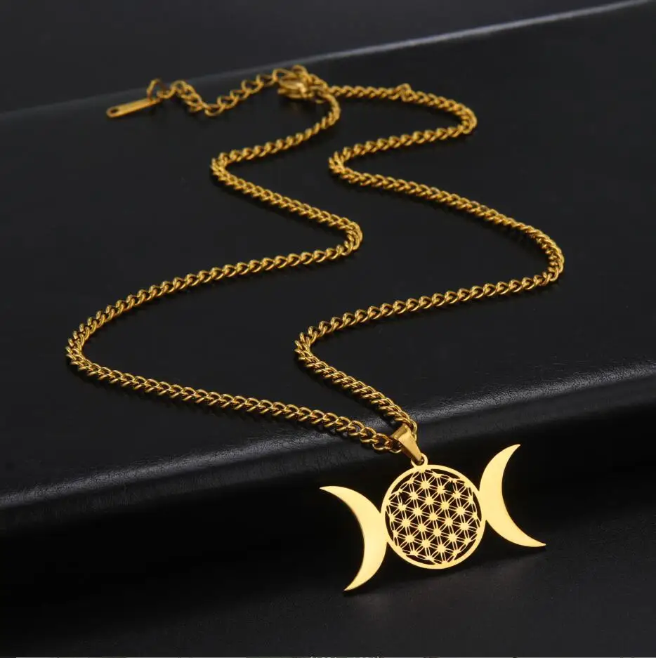 

1PC Triple Moon Flower of Life Necklace Sacred Geometry Stainless Steel Jewelry Hecate's Knot Moon Goddess Pendant F1136