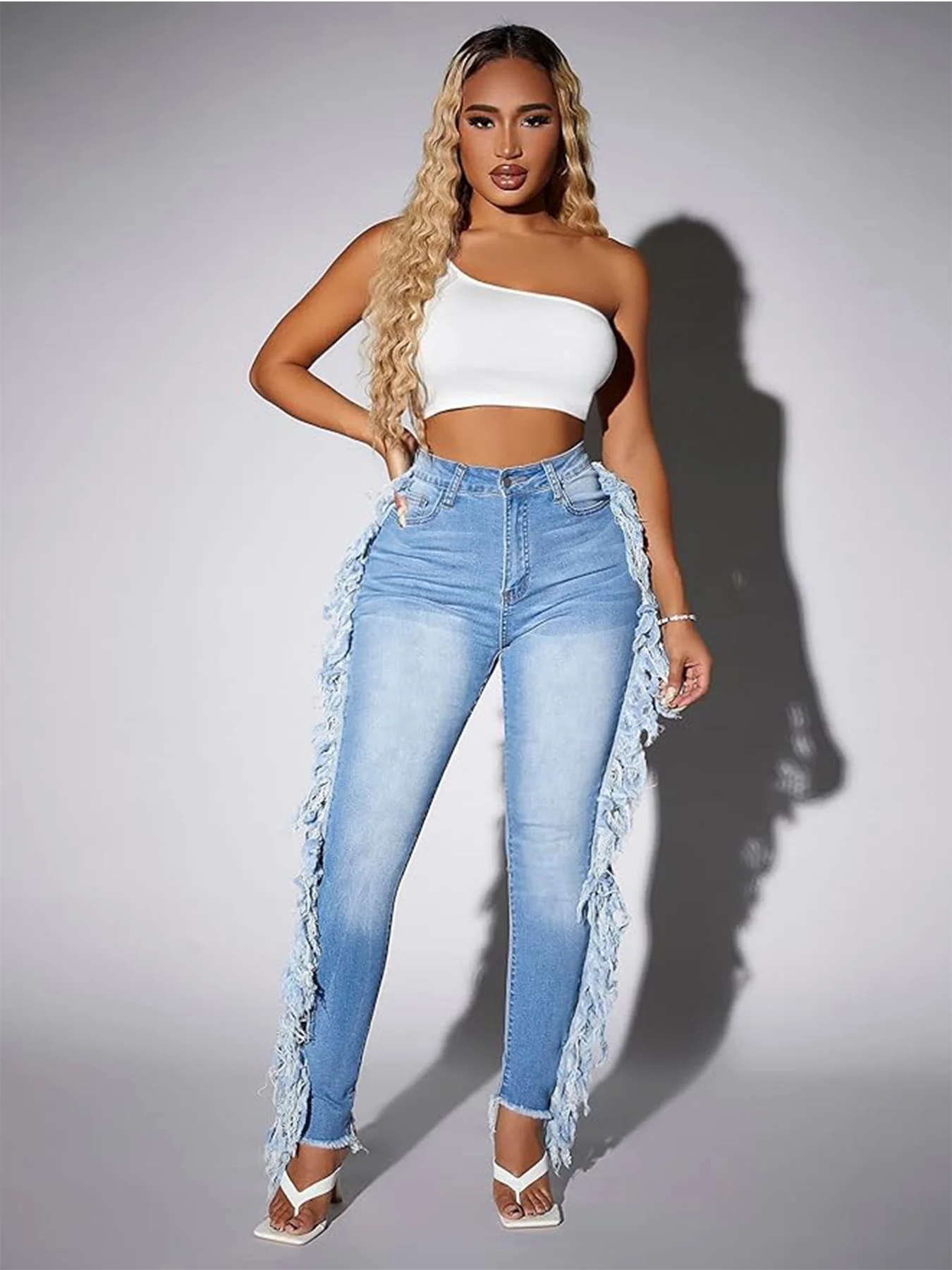 

Women's high waisted washed and polished white light blue, fashionable tight fitting leg lifting jeans