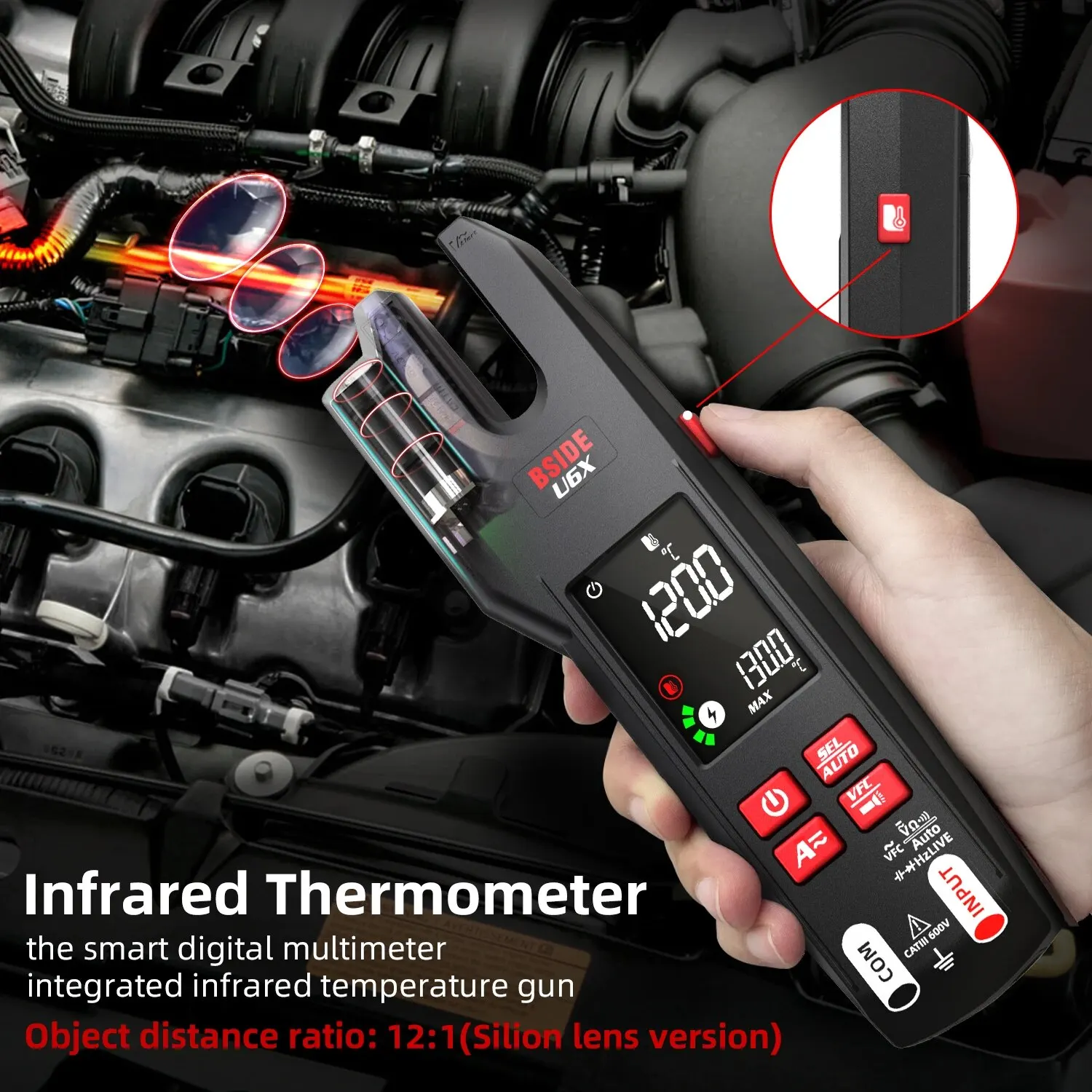 BSIDE U6/U6X U-Shape AC/DC Clamp Meter Rechargeable Infrared Temperature Measuring Object Ratio 4:1/12:1 Ammeter Tester