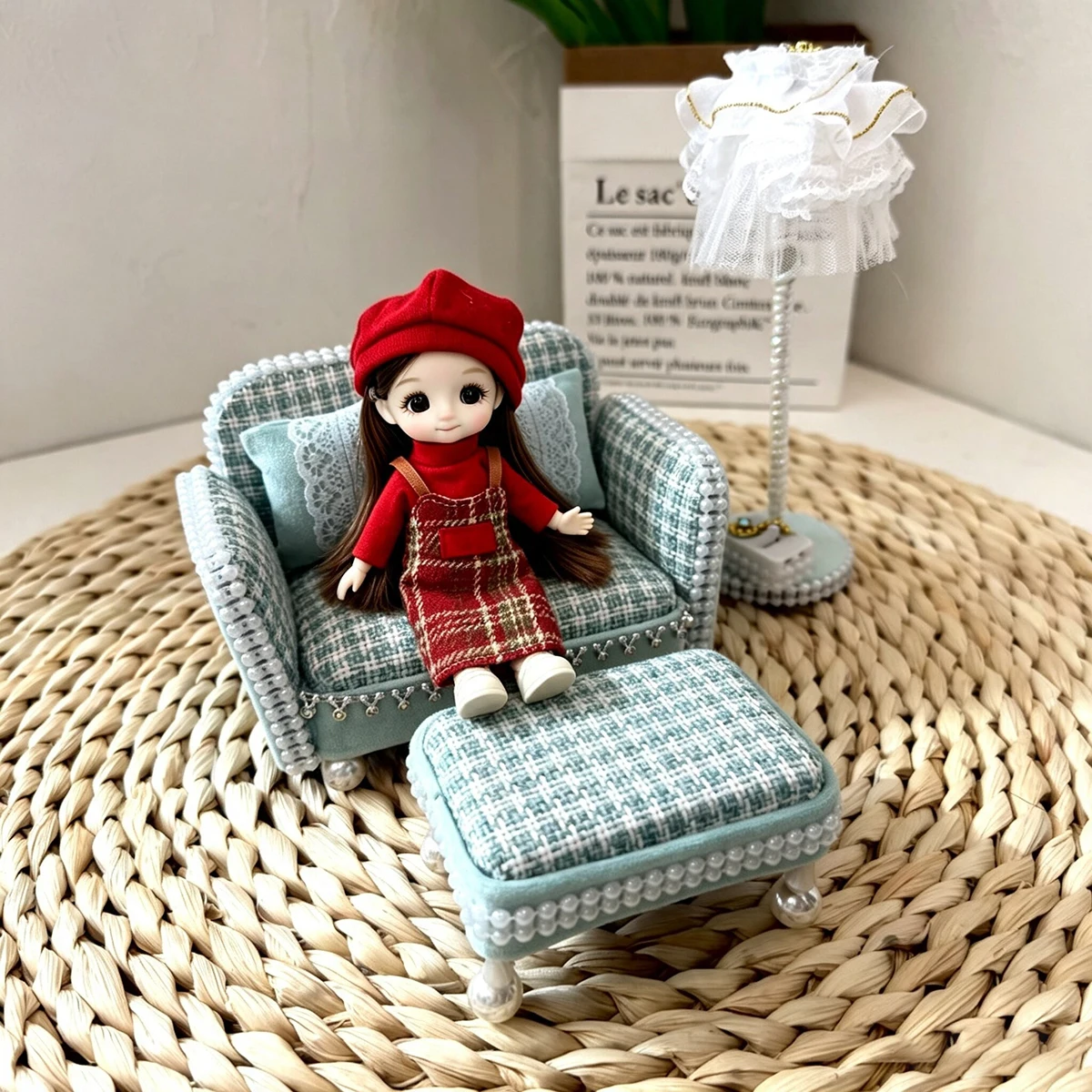 1:12 Dollhouse Parts Mini Furniture Pretend Play Toy Realistic Living Room Scene Model Two-Seater Sofa/Coffee Table/Table Lamp