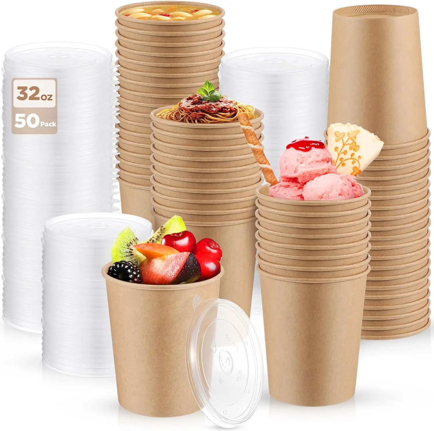 

50 Pack 32oz Paper Soup Containers with Lids Disposable Kraft Food Containers Bulk Disposable Go Hot Soup Bowls Food Sto