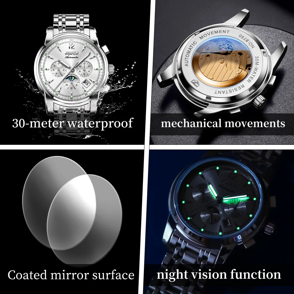 JSDUN 8750 Men Watch Original High end Waterproof Luminous Moon Phase Multi functional Brand Men Automatic Mechanical Watch Gift
