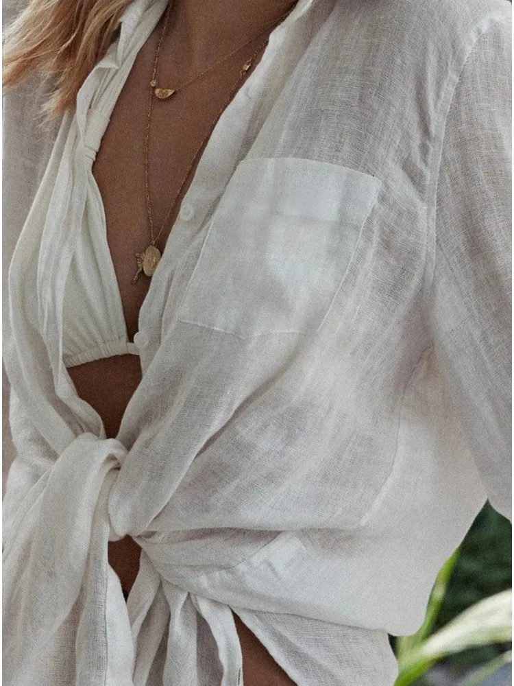 Women White Cotton Long Sleeve Shirt Blouse Top with Pocket Beach Cover Up Dress Casual Summer Beachwear